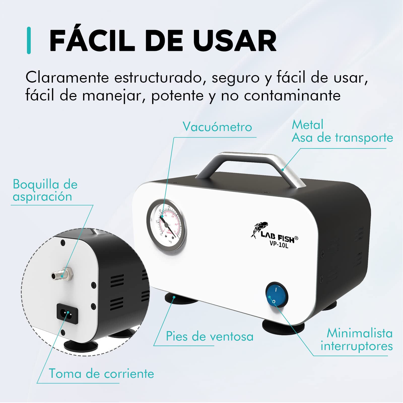 LAB FISH VP-10L Bomba de Vacío Portátil sin Aceite, 10L/min 0,075Mpa Laboratorio