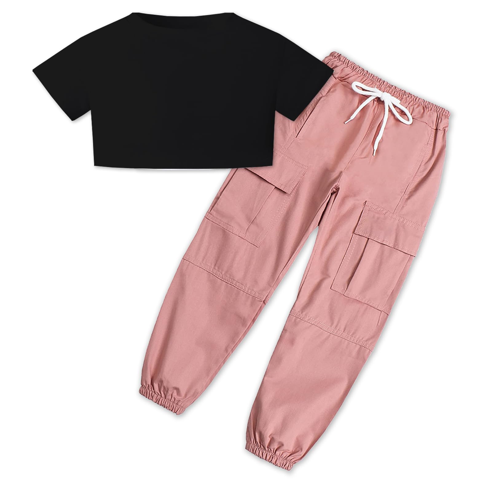 SANGTREE Girls' 2 Piece Outfits T-Shirt and Drawstring Cargo Jogger Pants Clothing Set, 4-14 Years