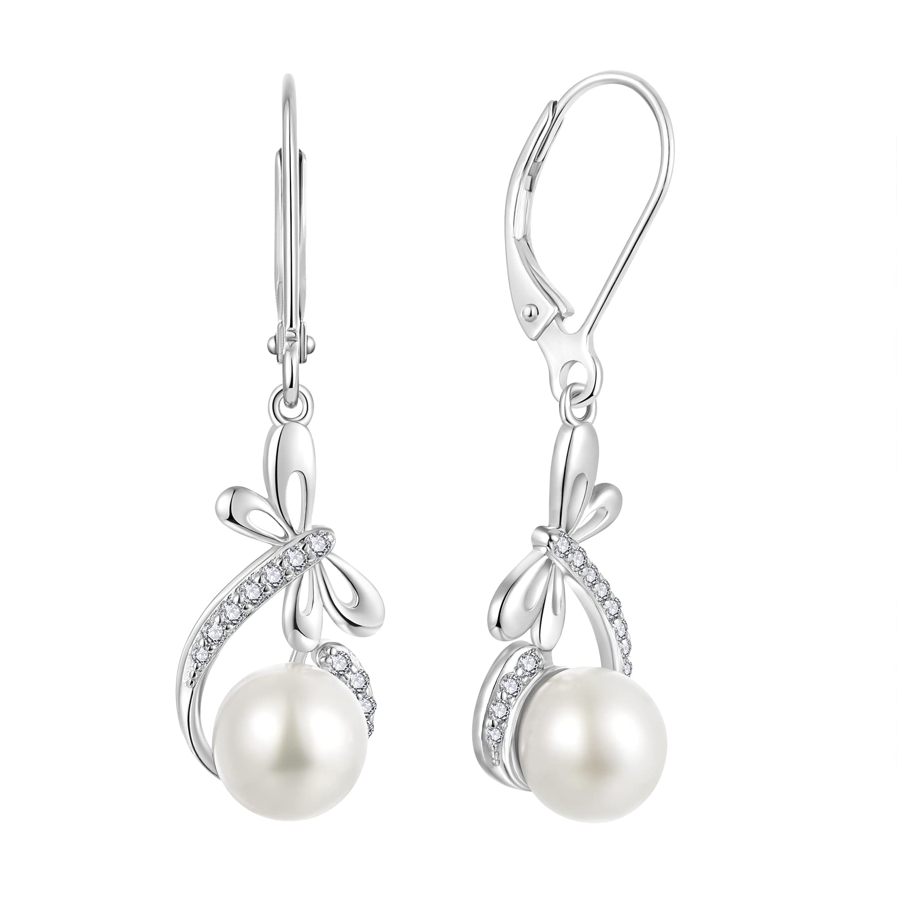 JO WISDOMPearl Earrings/Infinity Earrings,Sterling Silver Simulated Shell Pearl Earrings Leverback Dangle