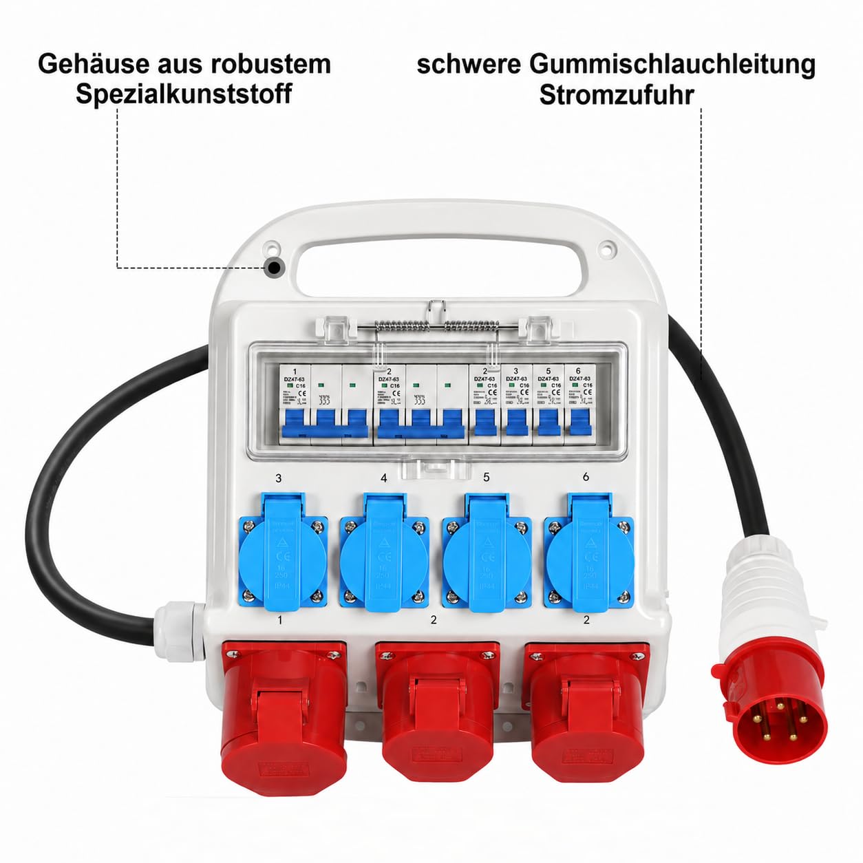 Herrselsam Distributore di corrente di costruzione, 2 x CEE 16 A 400 V + 1 x CEE 32 A 400 V + 4 x 230 V Schuko con cavo di alimentazione da 1,2 m con interruttore di protezione della linea, cantiere