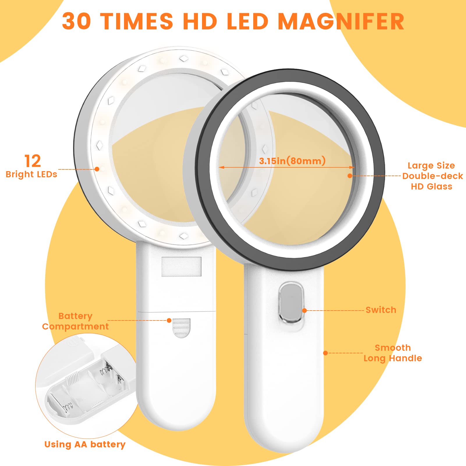 Lupa con Luz, 30X Lupas de Mano de Gran Aumento, Lupa para Leer Libros con 12 Leds También Son Adecuada para Soldadura, Inspección, Monedas, Joyería, Exploración
