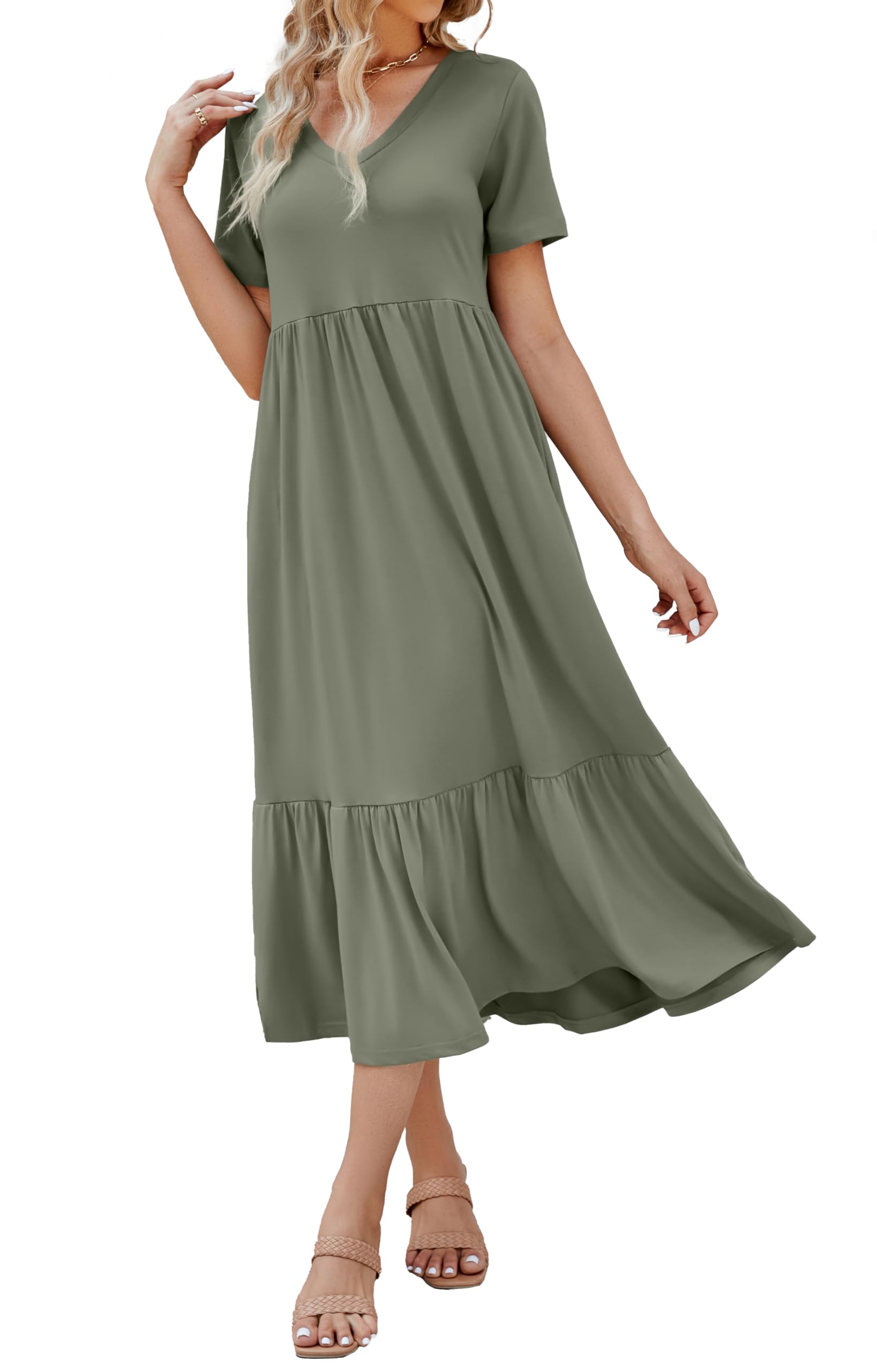 Women's 2026 Summer Short Sleeve V Neck Swing Dress Flowy Tiered Maxi Beach Sundress with Pockets