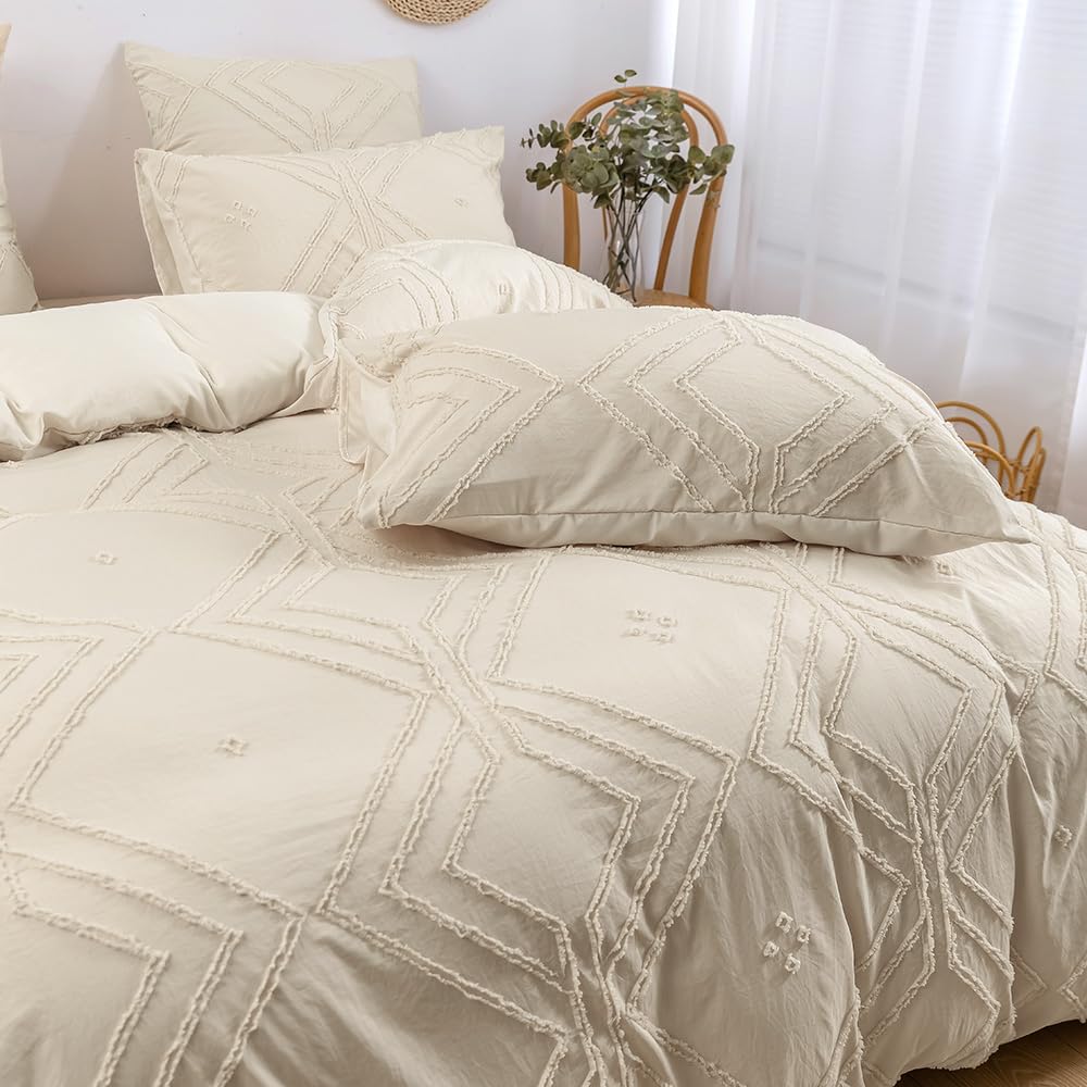 Bohemian Slaapkamer Textiel DXHOME Getuft Beddengoed 2-delig – Beige/crème Boho Borduurwerk, Microvezel Dekbedovertrek 135x200 Cm Kussensloop 80x80 Cm Beige Bohemian Stijl
