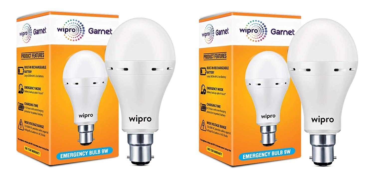 wipro Garnet 9w LED Emergency Bulb | Cool Day White (6500K) | B22 LED Bulb Base | Inverter Bulb for home, with 4 Hours battery back up| Li-ion Battery | Over charging Protection | Pack of 2 (B08BJN85LZ) Amazon Price History, Amazon Price Tracker