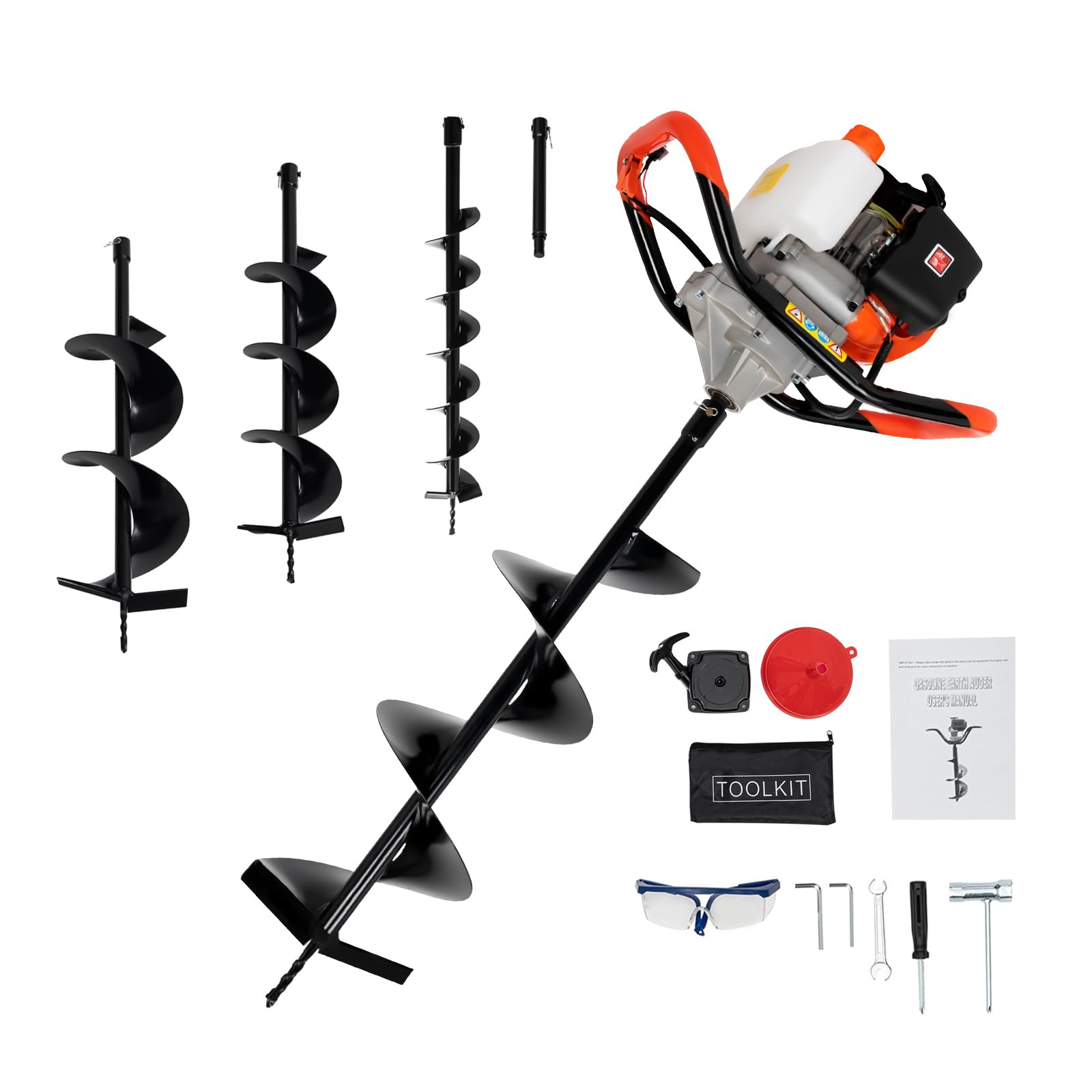 52cc Erdbohrer Benzin, Einzylinder 2-Takt Motor, Hand Benzin Erdlochbohrer mit 3 Spitzen (100mm/150mm/200mm) & Verlängerungsstange, 8500r/min für Gartenbohrer, Baustellen