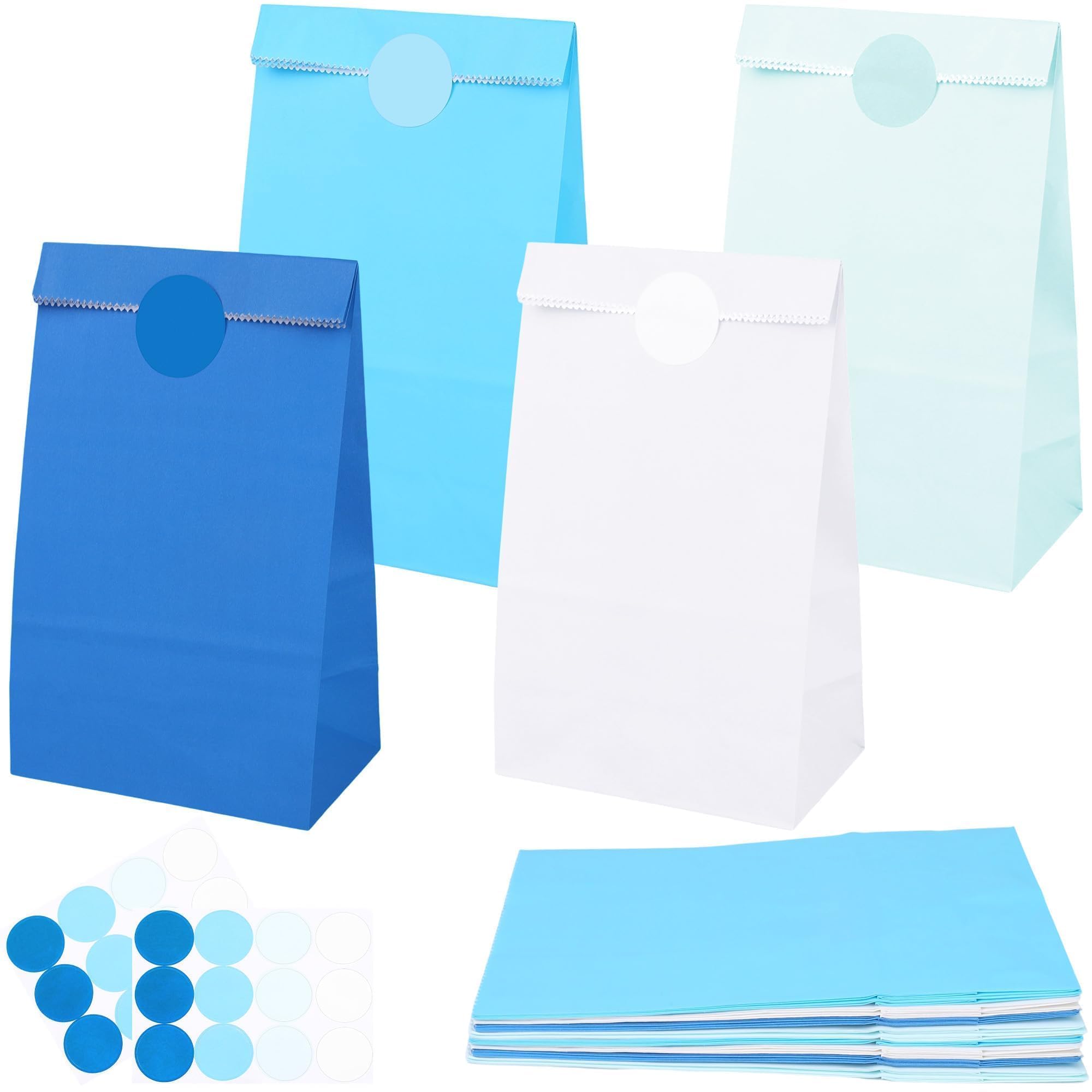 Kraft Paper Bags 12 Pcs with Stickers Blue White Small Gift Bags Sweet Candy Goodie Party Favor Bag for Holiday Birthday Wedding Frozen Party Supplies, Blue and White Color (13 x 8 x 24 cm)