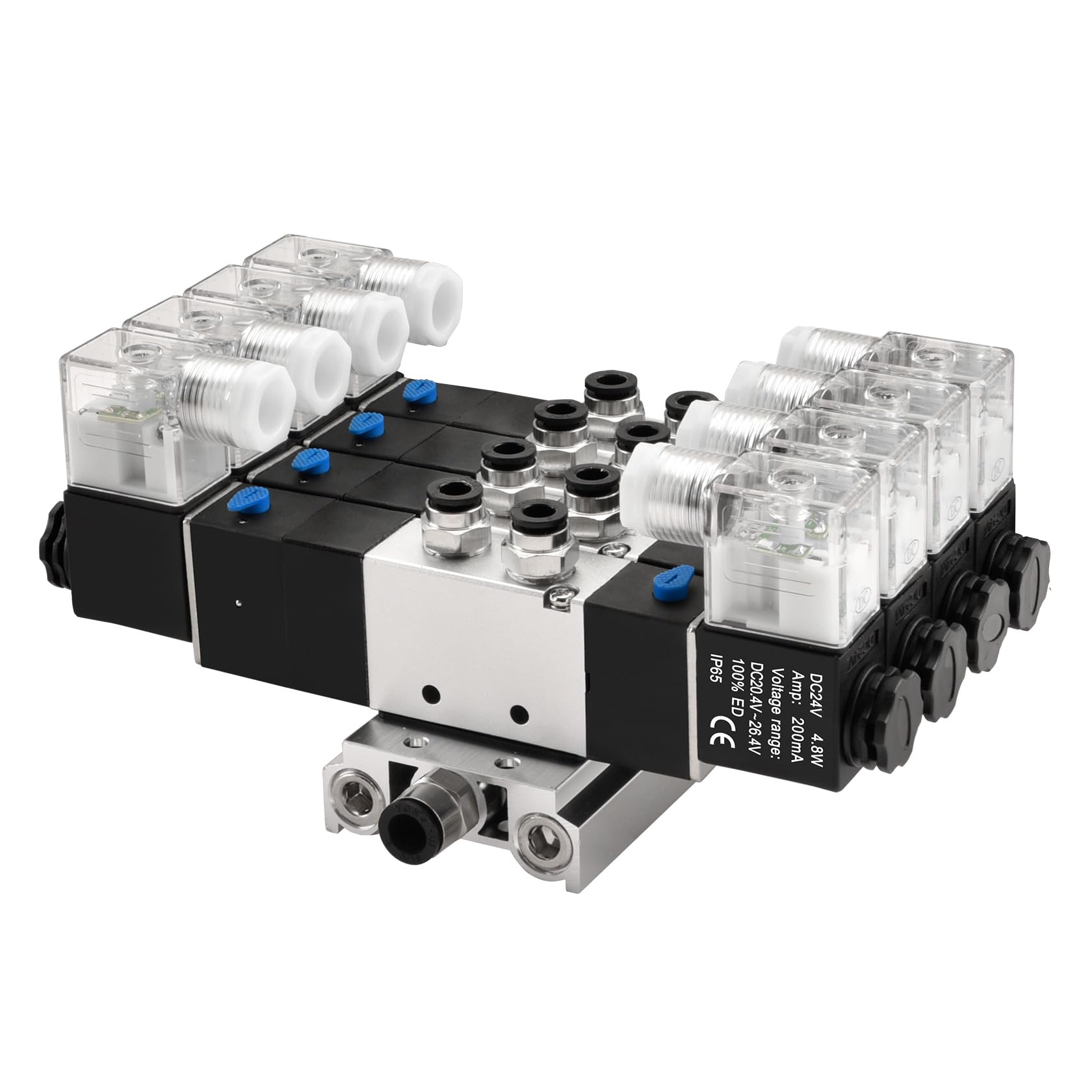 Heschen Elektryczny pneumatyczny 4 zawór elektromagnetyczny, 4V230C-08, 24VDC, PT1/4, 5-drożny 3-pozycyjny, podstawa kolektora, tłumik, zestaw szybkozłączek, CE