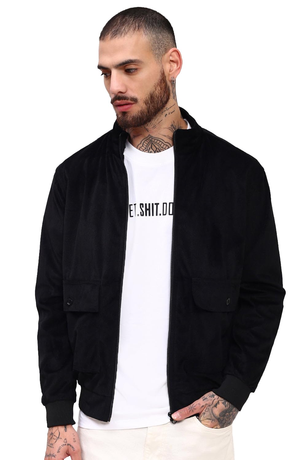 showoffff Men Solid Bomber Jacket | Mock Collar Full Sleeves Velvet Jacket for Mens | Slim Fit Regular Length Jacket for Men's-picture-10