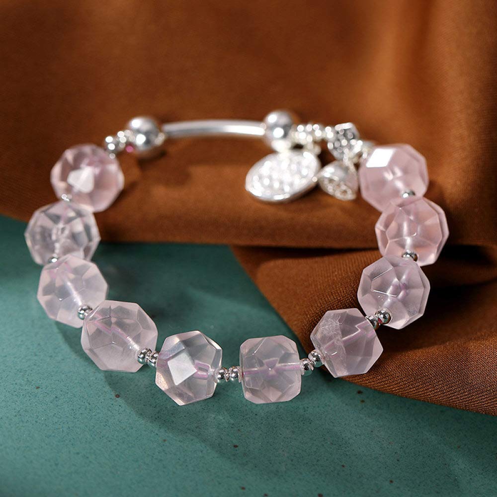 S925 Vintage Pulsera De Plata para Mujeres Hombres Natural Rosa Cuarzo Cristal Abalorios Beads Sencillo Y Simple Estilo Chino Personalidad Creativa Encanto Hermoso Regalo