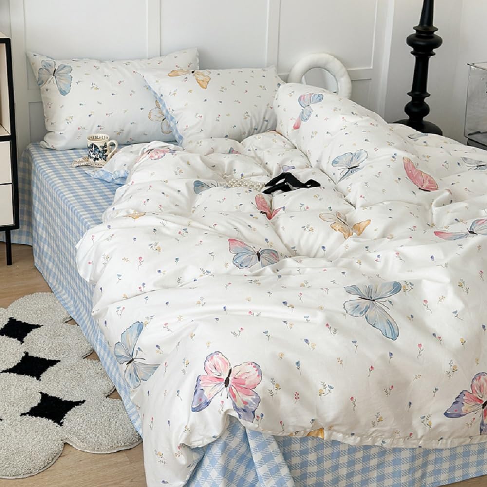 Lanqinglv Bettwäsche 135x200 Mädchen Kinder Blau Weiß Schmetterling Kariert | ÖKO-TEX Zertifiziert,Kinder WendeBettwäsche für Allergiker,Atmungsaktiv Bettbezug und 1 Kissenbezüge 80x80 mit Reißverschluss