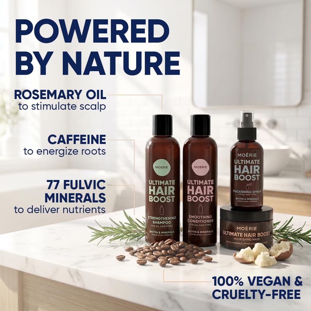 Moerie Pack Méga Minéral - Shampoing, Après-Shampoing, Masque et Spray Capillaire - Soin Ultime Pour des Cheveux Plus Longs, Épais et Volumineux - Produits Végans, Sans Paraben ni Silicone