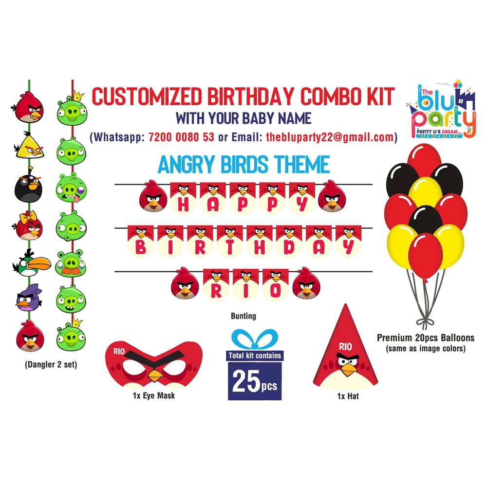 The Blu Party Birds Theme Birthday Compact Kit with Baby Name & Age for Angry Birds Birthday Decorations