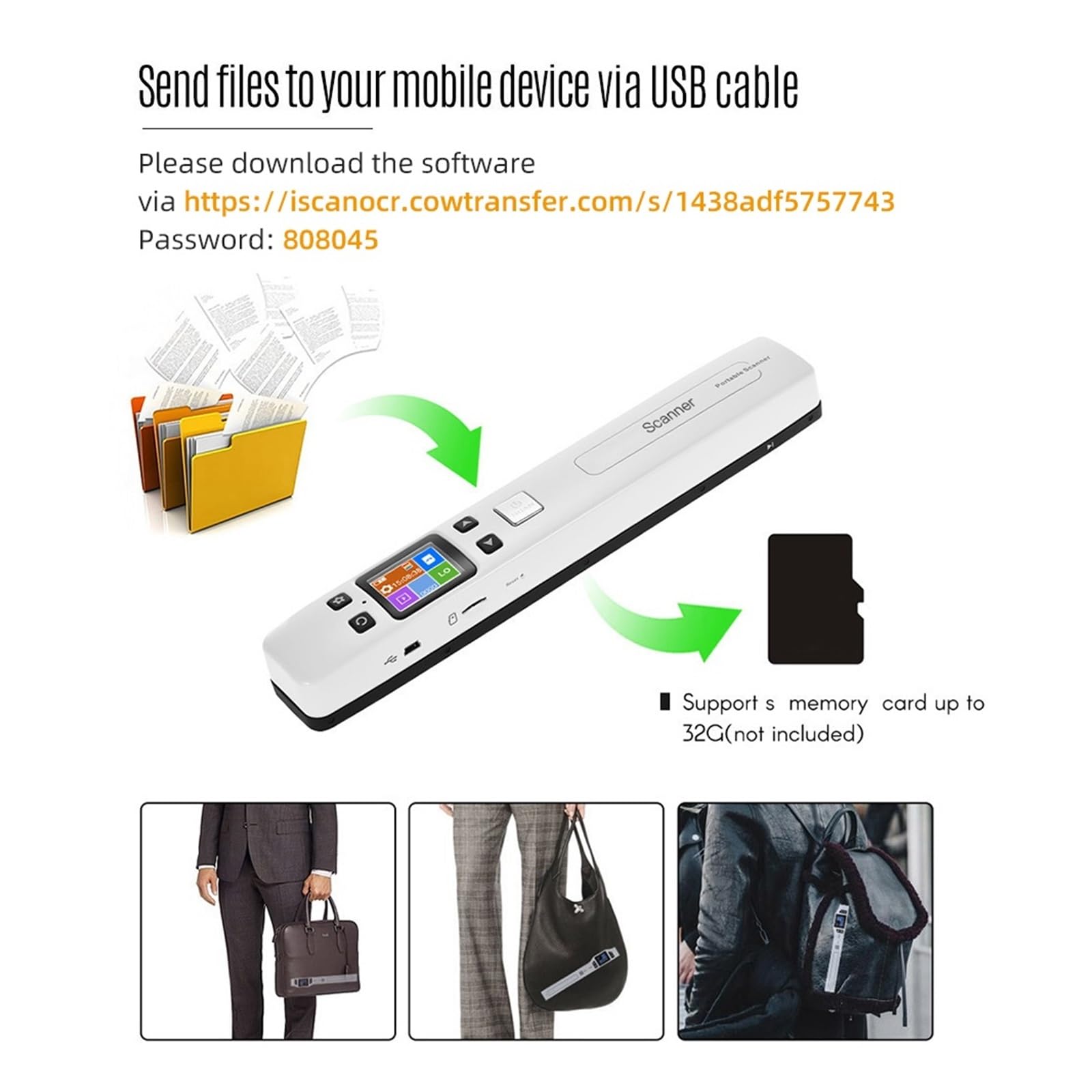 Scanner per Documenti, Scanner for documenti e immagini portatile ad alta velocità 1050DPI, display LCD formato A4 in formato JPG/PDF for libri di ricevute aziendali