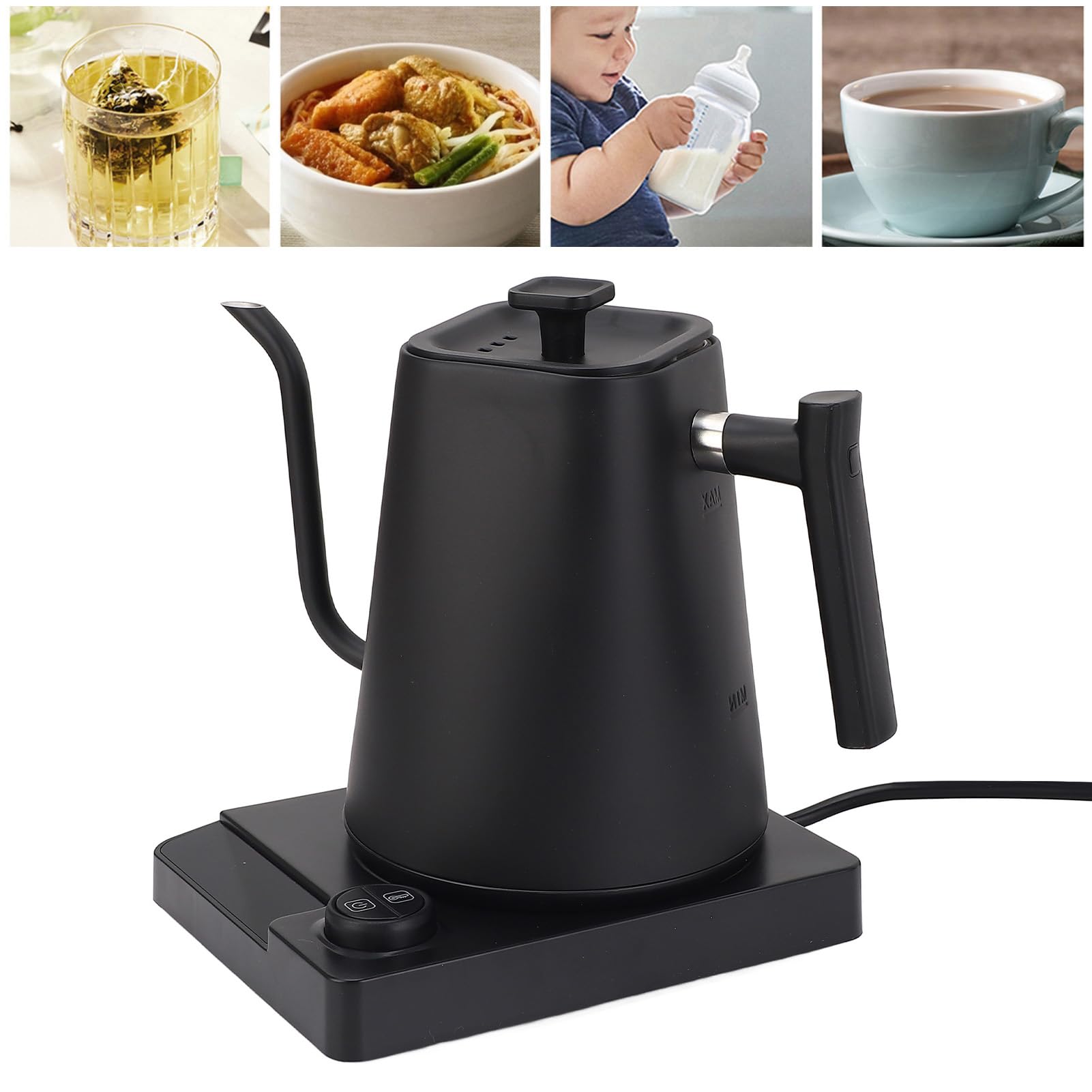 Yinhing Hervidor Eléctrico con Cuello de Cisne, Control de Temperatura, Pantalla LED de Acero Inoxidable 304, para Verter sobre café, Tetera, Negro Mate, 1200W, Preparación Precisa (Enchufe europeo