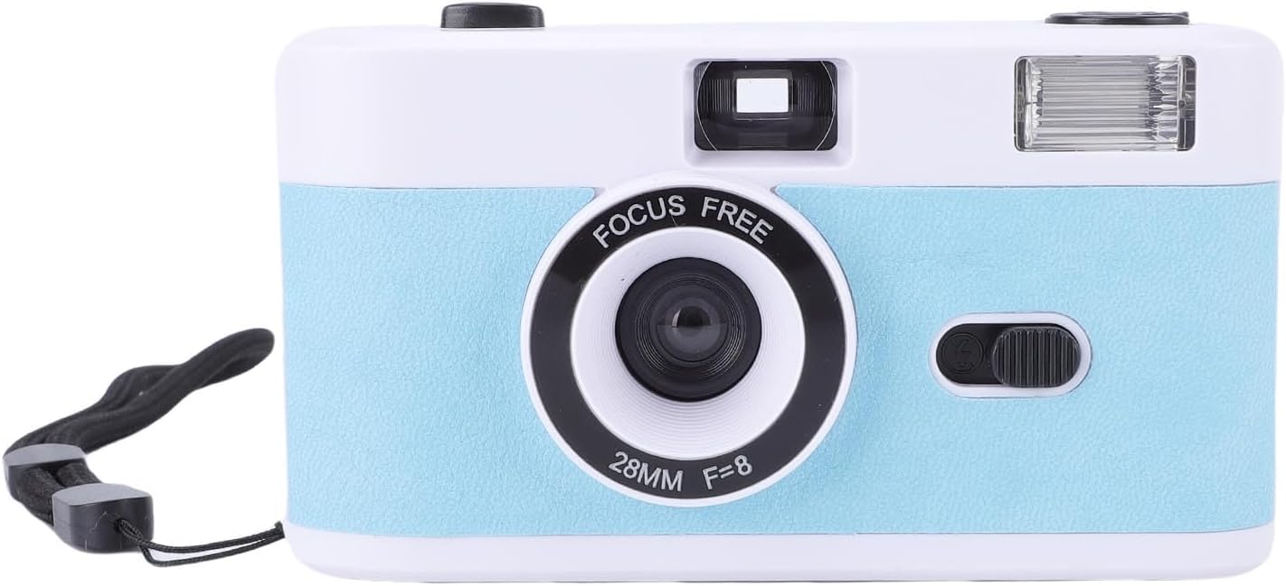 PUSOKEI 35mm Film Camera, Reusable Retro Film Camera with Built in 27 Color Films and Flash, 28mm F8 Lens Manual Focus, for Students Adults Birthday Gifts (White Blue)