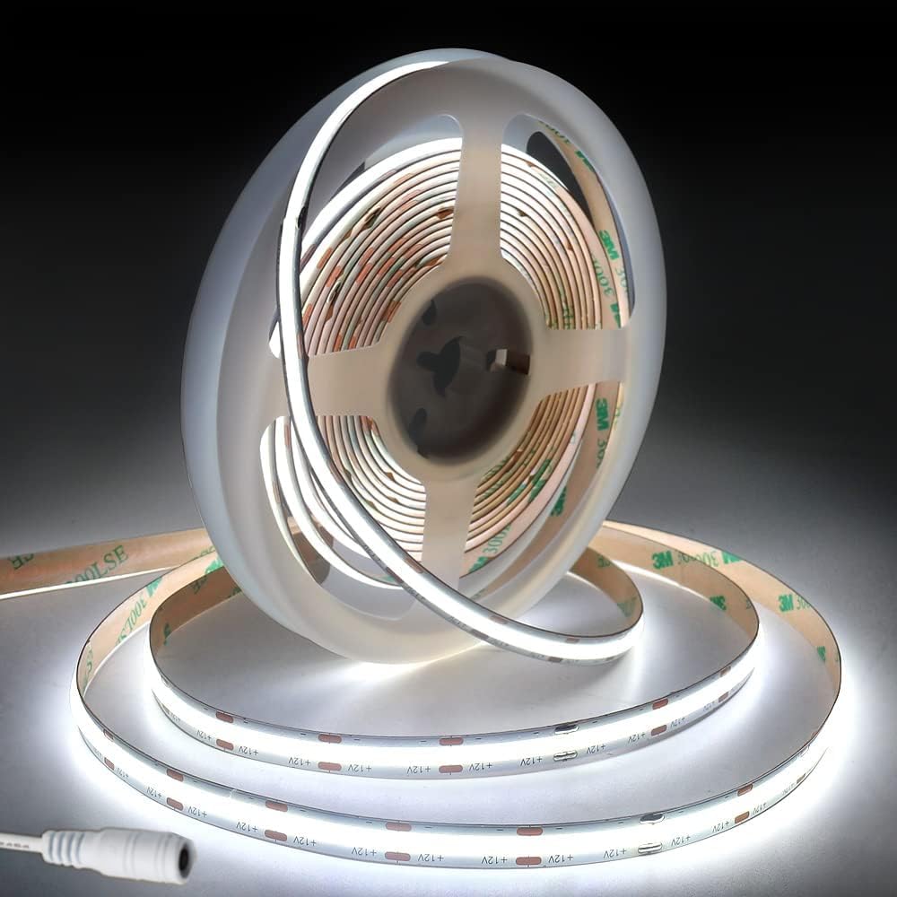 JBdusn 12V COB LED Strip 5m, 6500K Flexible LED Strip Lights with 480LEDs/M,CRI 90+, 8mm Width,Uniform Dotless LED Tape Light for Room Cabinet Home DIY Projects (Not Power Supply)