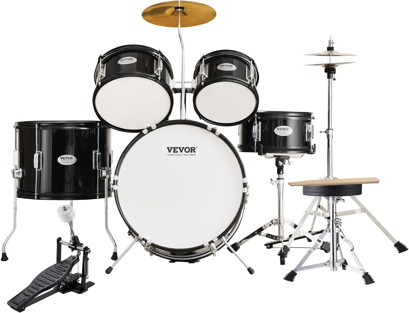 VEVOR Kids Drum Set, 5 Piece 16in Beginner Youth Full Drum Set with Bass Toms Snare Floor Drum Adjustable Throne Cymbal Hi-Hat Pedal and Two Pairs of Drumsticks, Starter Drum Kit for Child Kids, Black