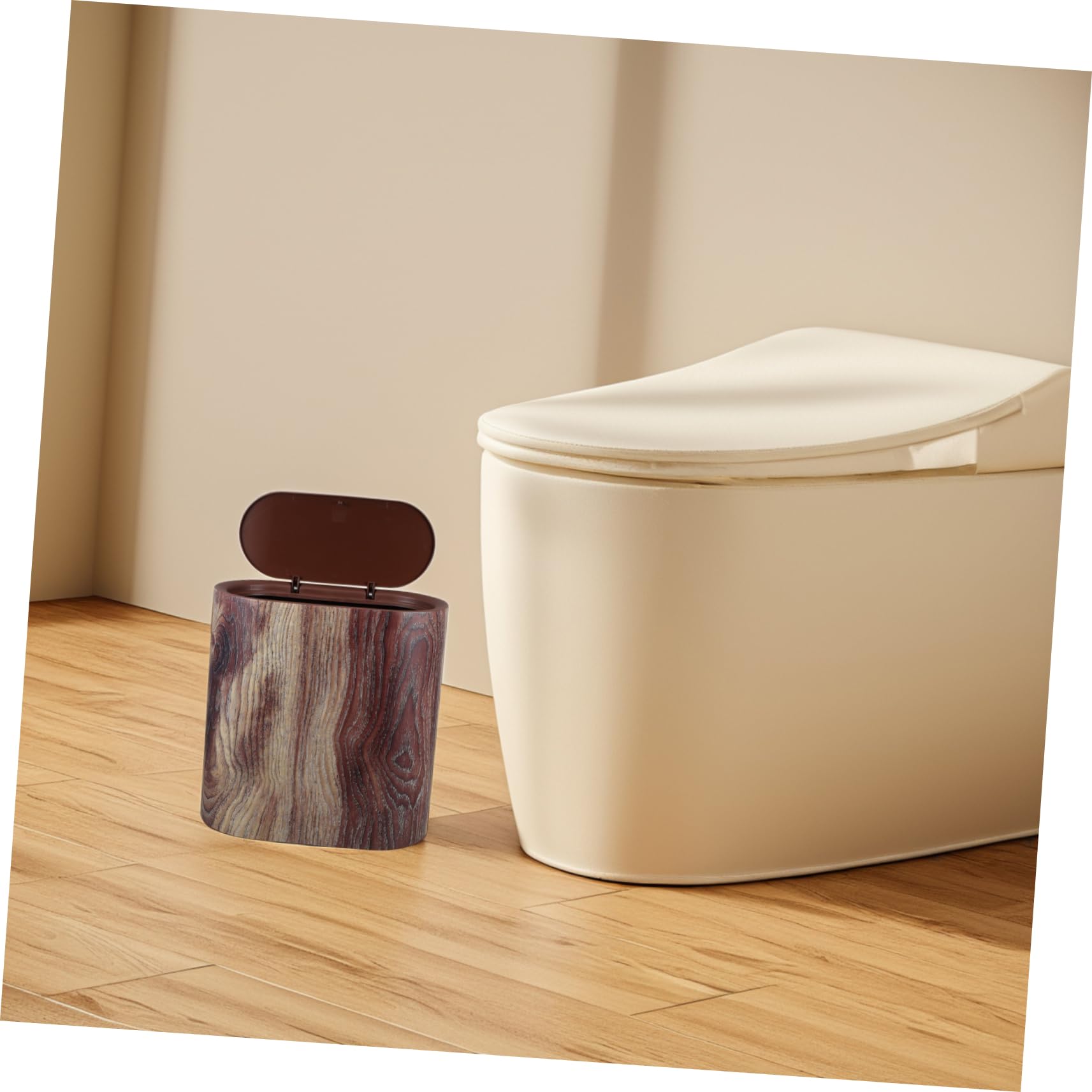 KOMBIUDA Papelera de Plástico Marrón con Veta de Madera y Tapa, Diseño Delgado y Elegante para Baño y Oficina, Fácil de Limpiar y Uso Prolongado