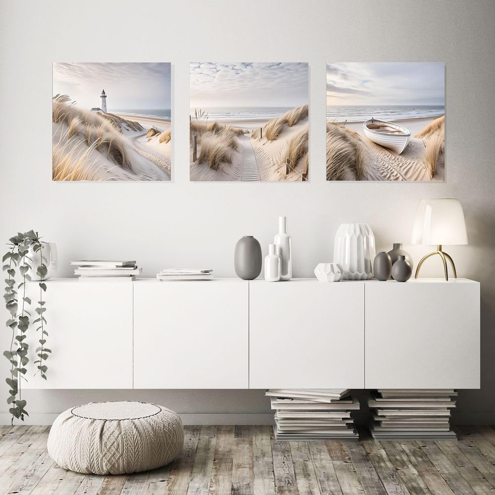 artissimo Bild aus Glas 50x50 cm Strand und Meer Leuchtturm Dünen AG5566A – modernes Glasbild Wandbild Quadratisch, Wanddeko Wohnzimmer, beige, maritim skandinavisch