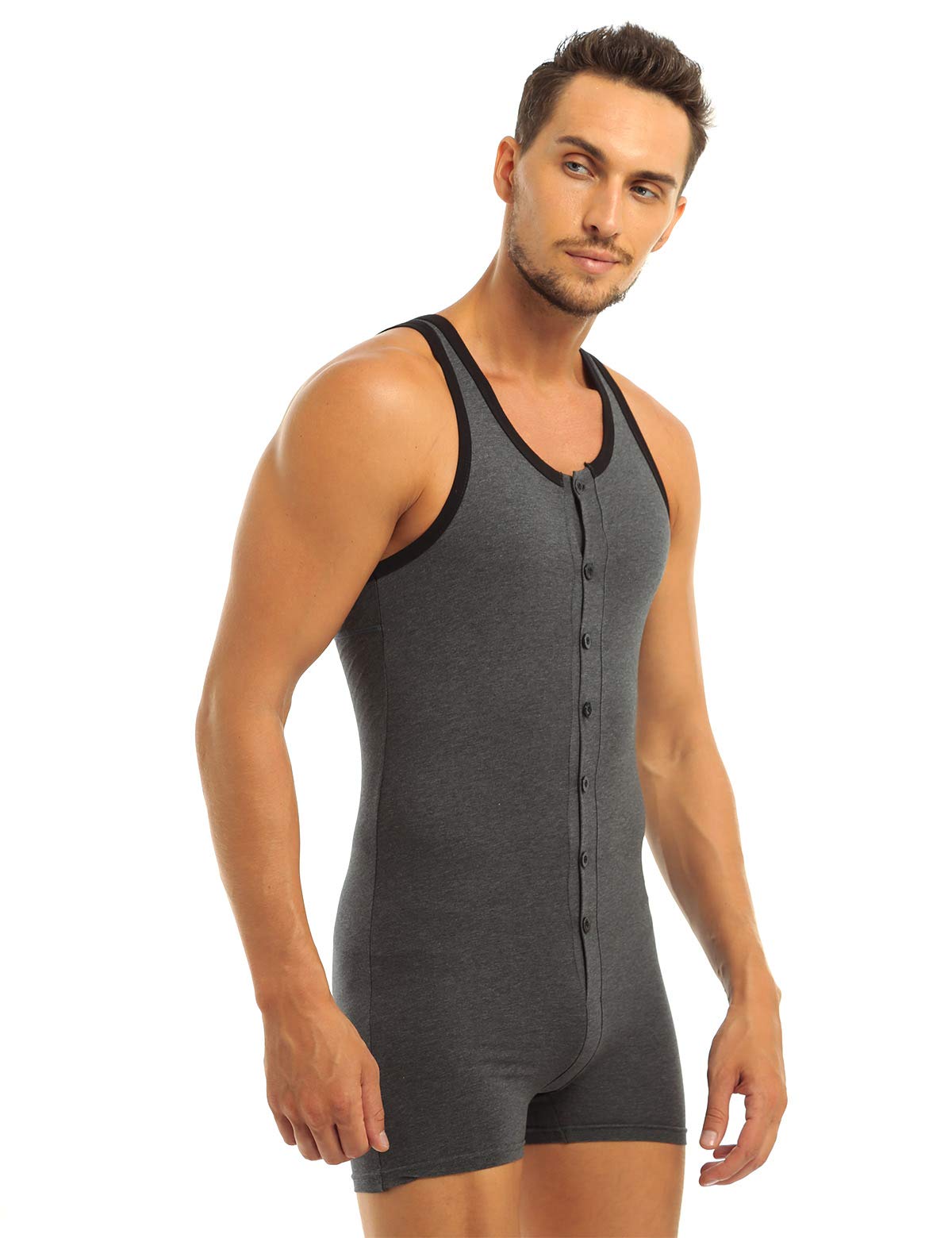 tuta da uomo in cotone con gamba, senza maniche, canotta sportiva, biancheria intima con bottoni, body da uomo grigio. L