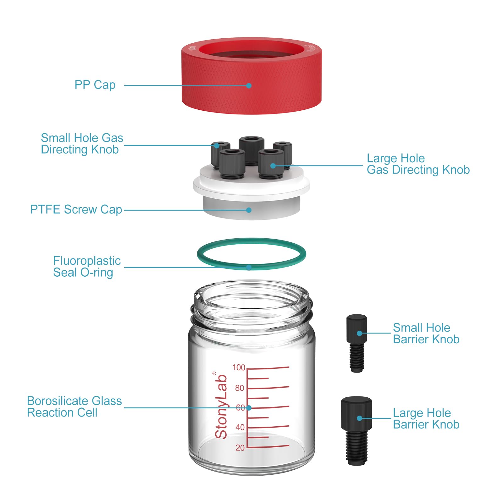 Célula Electrolítica 100ml Supersellada con Gas Puerto, Sistema de 3 Electrodos, Cuerpo de Vidrio de Borosilicato y Tapa de PTFE