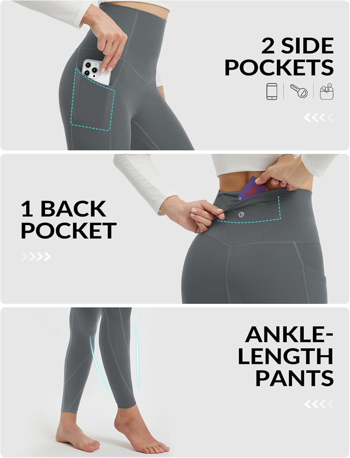 baleaf Super High Waisted Leggings for Women with Pockets Stretchy Tummy Control Soft Yoga Workout Gym Petite Pants - Image 7