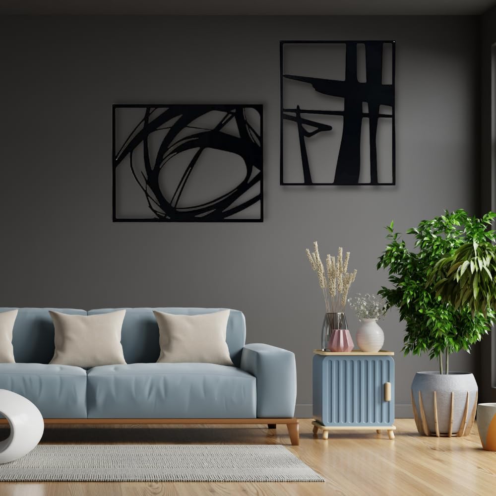 Creoate Abstract Metal Wall Art for Home Decor, 2 Pieces Black Modern ...
