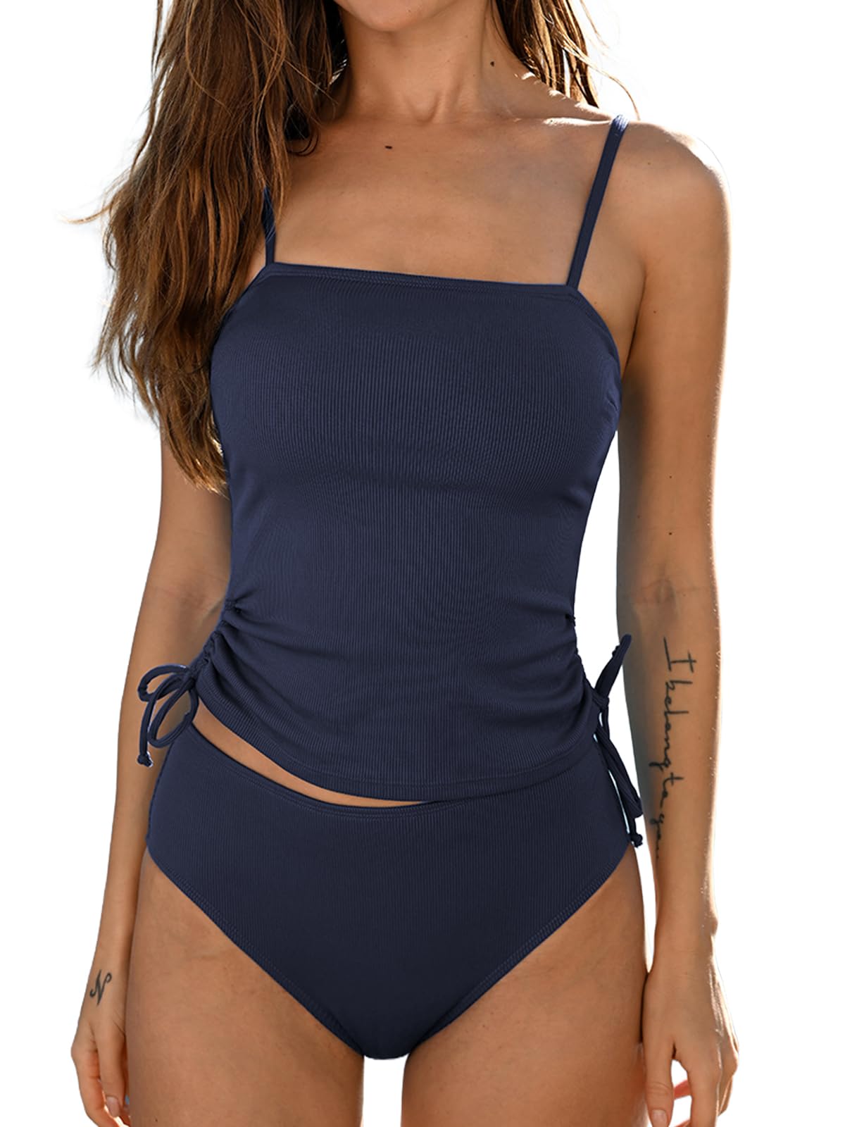 CUPSHE Damen Tankini Set Camisole Geraffte Kordelzug High Waist Badeanzug