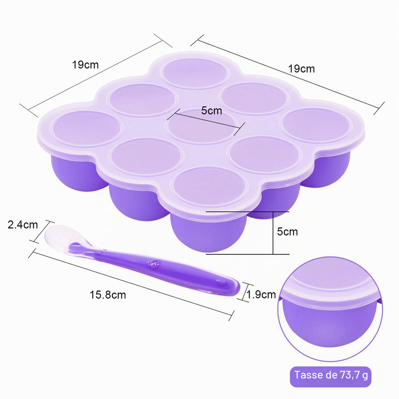 Boîte de Rangement Congelée Pour Aliments Pour Bébés, Bébé Récipient en Silicone avec Couvercle Hermétique et 9 Alvéoles Indépendantes, Stockage De Nourriture Plateau de ​Congélateur, 9 x 75ml, Violet