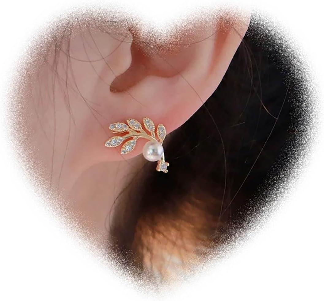 Bohemian Leaf Pearl Earrings Vintage Pearl Earrings Crystal Leaf Earrings Gold Leaf Earrings Jewellery Gifts for Women and Girls, einstellbar, Zinc Alloy Steel, Artificial Gemstones
