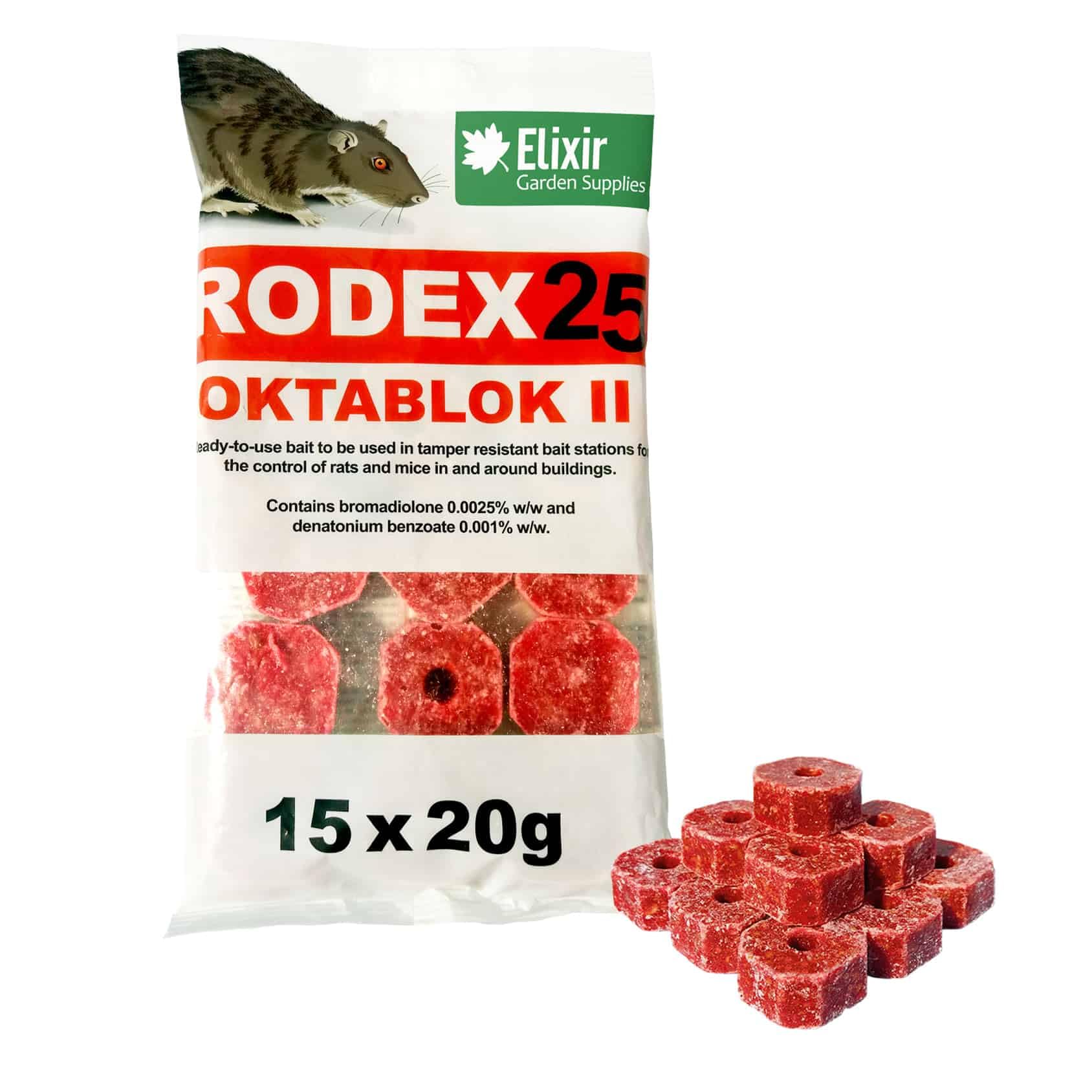 Elixir Gardens Rodex 25 Oktablok II Rat & Mouse Poison Bait | 300g packet x 12 (180 Blocks) | Weather Resistant Wax Block Eliminates In One Feed | Quantities 1-60 Available