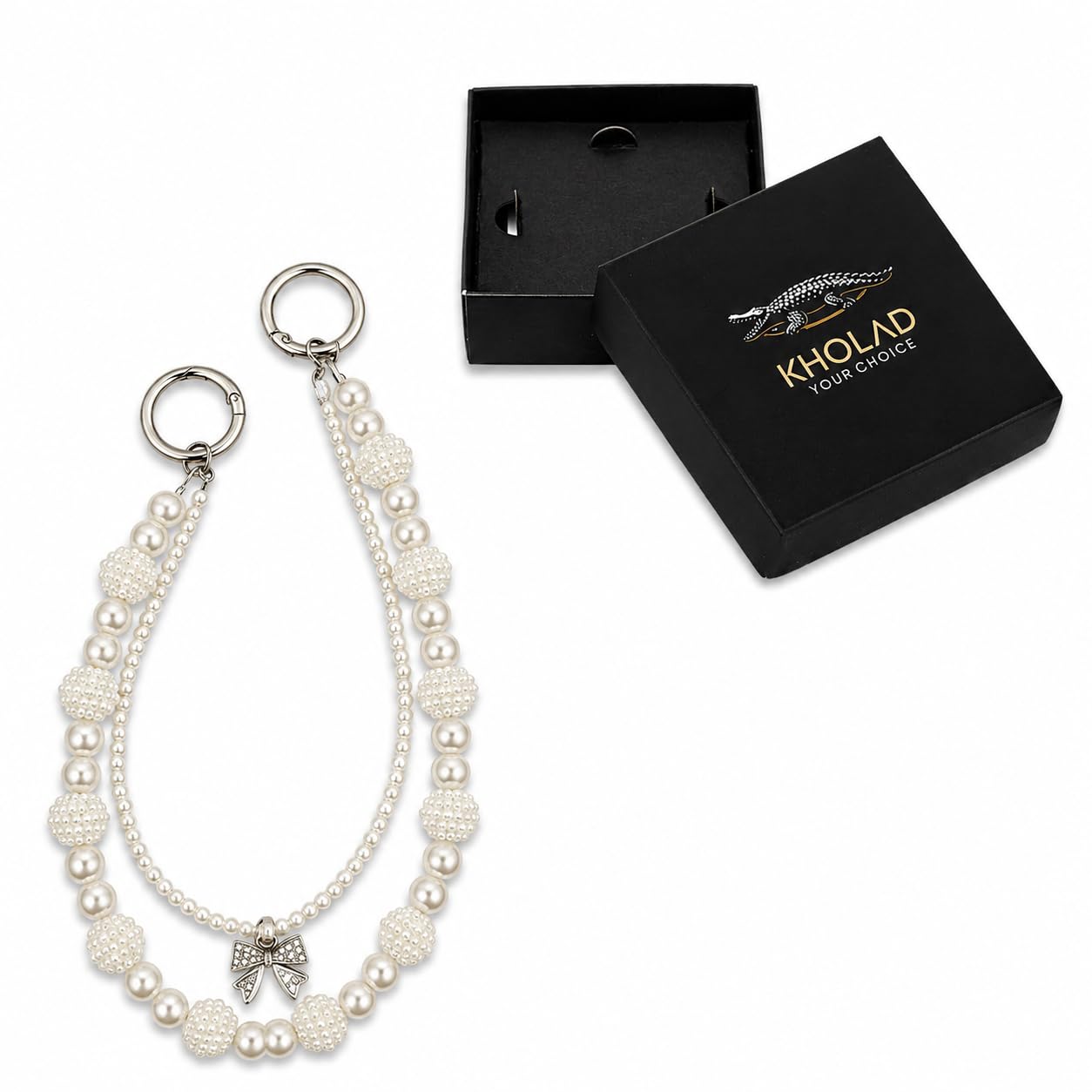 KHOLAD White Pearl & Silver Bow Beaded Phone Wrist Strap with Tether Tab | Universal Phone Lanyard Strap for iPhone & Android, Anti-Drop Hand Strap Charm | Stylish Mobile Holder for Women & Girls-image-28