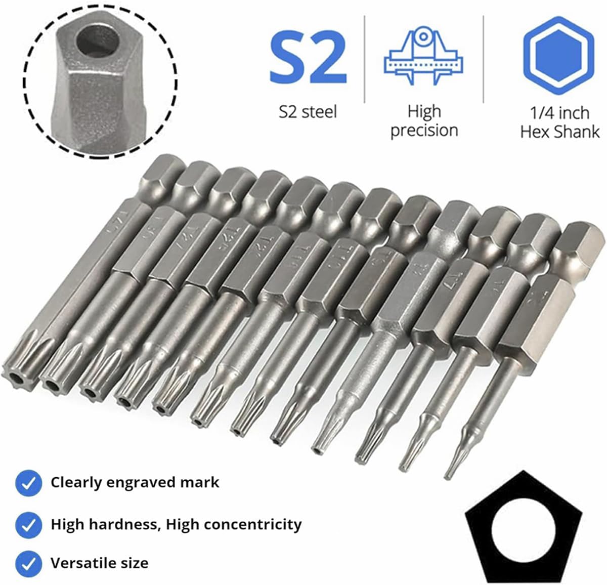 Wolfride 10pcs Magnetic Pentagon Head Screwdriver Bits Set | 50mm Length | 1/4 Inch Hex Shank | 5 Point Torx Security Tamper Proof Drive Bits H2.15-H7.35