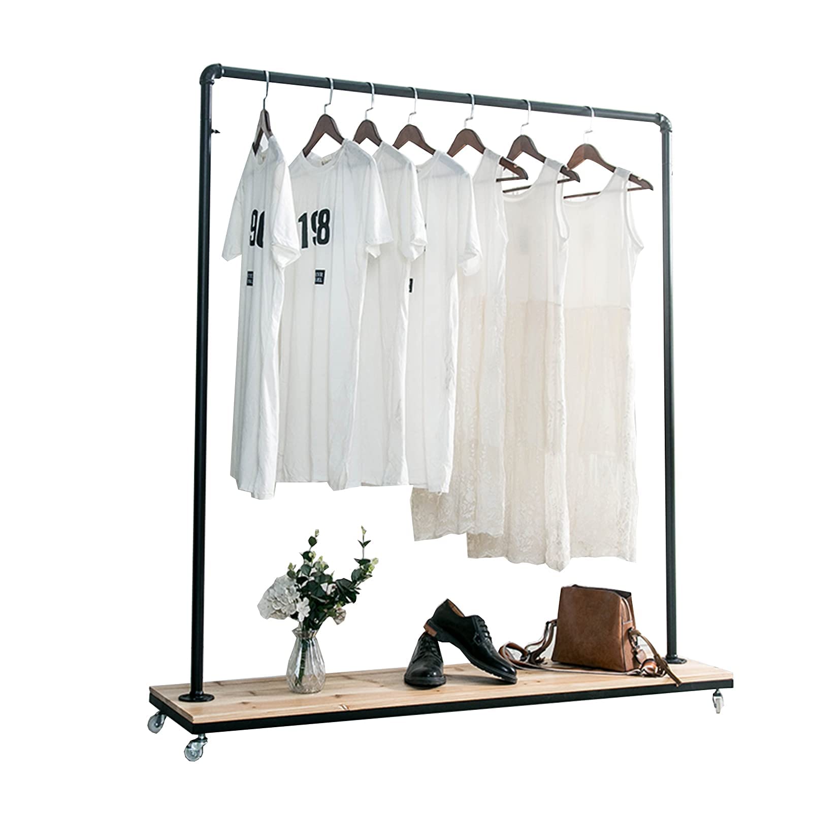 Kleiderständer Industrieller Rohr-Kleiderständer auf Rädern, Vintage Rollgarderobe zum Aufhängen von Kleidung, Einzelhandels-Kleiderständer mit Holzregalen, strapazierfähiger Kleiderständer (Größe: