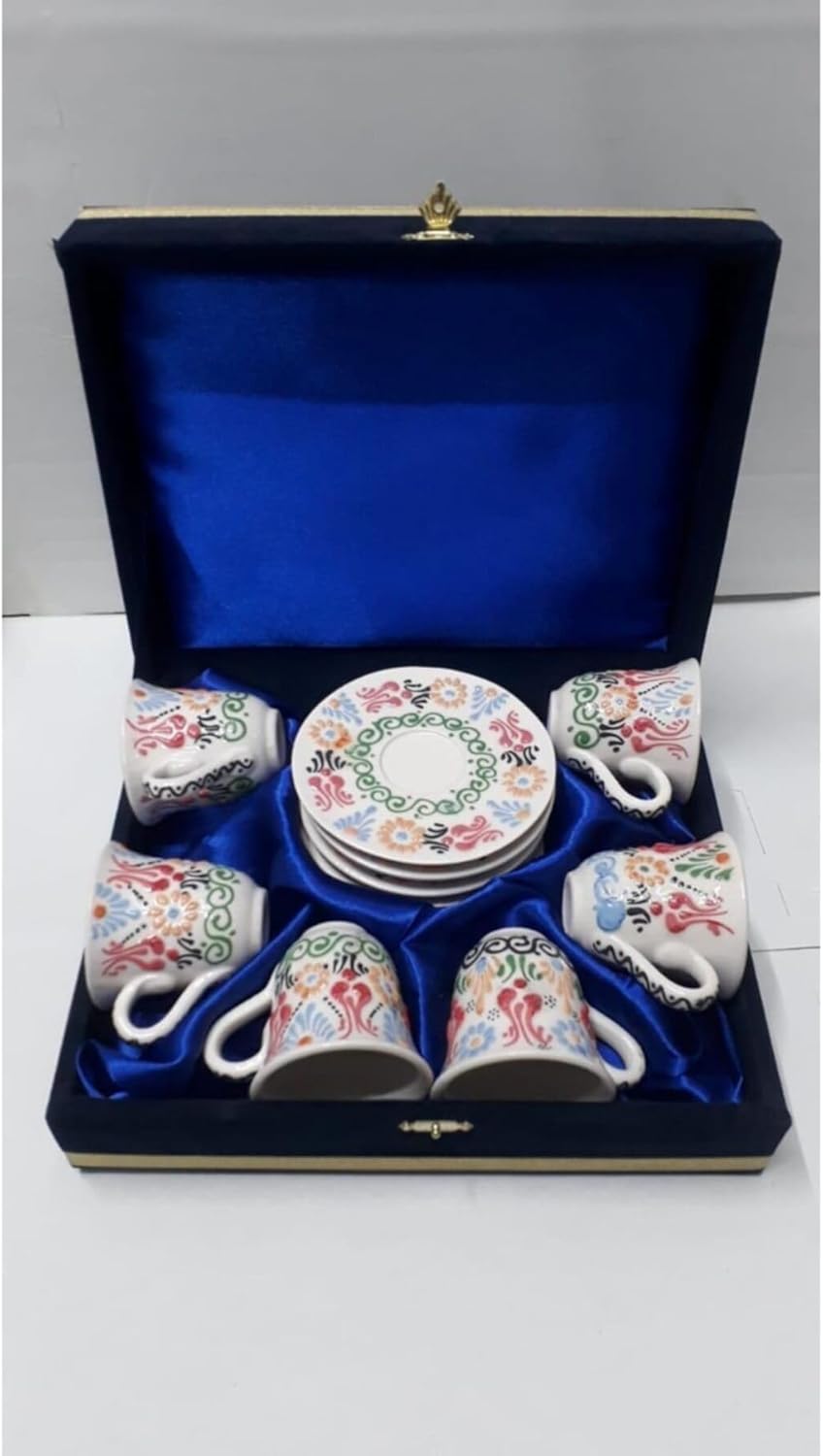 SODEF Coffee Set 6 Piece Turkish Ceramic Handmade Teşhip Art Velvet Boxed White Traditional Gift - White