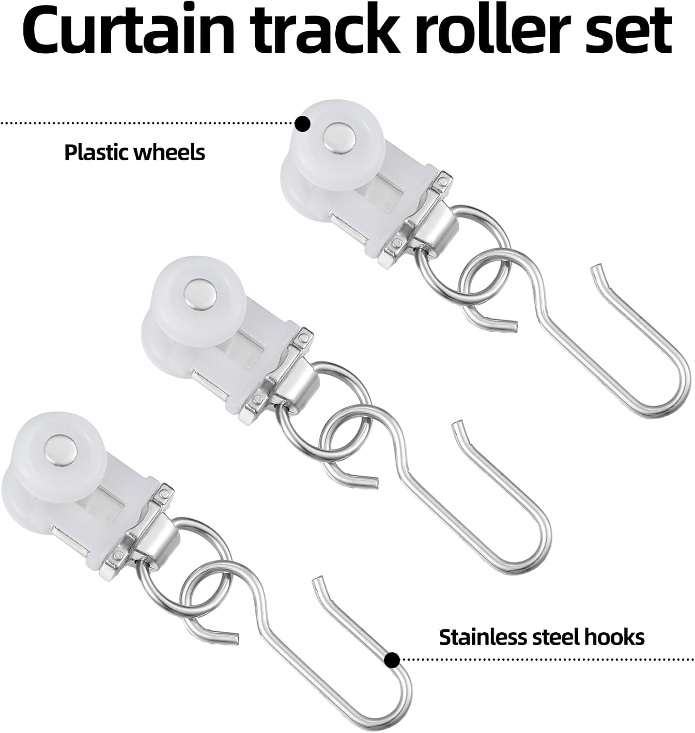 Barydat 60 Set Curtain Track Roller Hooks 0.59 inch Diameter Curtain Rail Ceiling Gliders Set Dual Wheel Roller Carriers for Ceiling Mounted Track with Stainless Steel Hooks