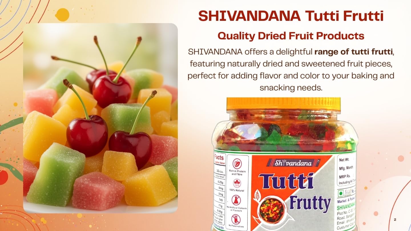 SHIVANDANA Tutti Frutti | Mix Tutti Frutti Cherry for Cake Baking | Dried Mix Multicolour Papaya Fruit Sweet Cherries 400 Gram 1