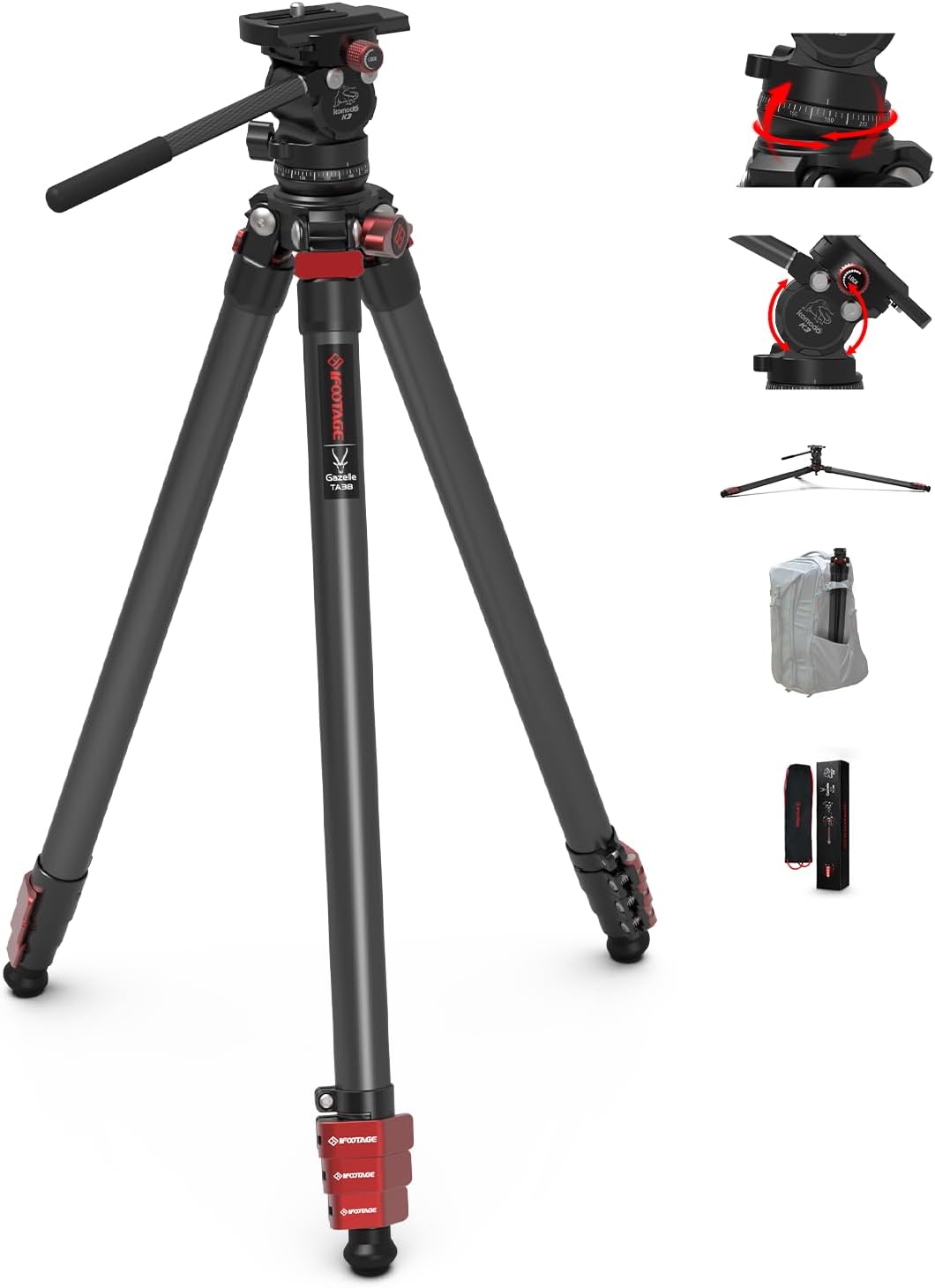 IFOOTAGE Gazelle Travel Tripod TA3B with Komodo Fluid Head K3,62/157.5cm Aluminum Alloy Tripod Kit for Camera,Smartphone Live Streaming Vlog Sony Nikon Canon Fuji DSLR,Load 11lbs,TA3B+K3