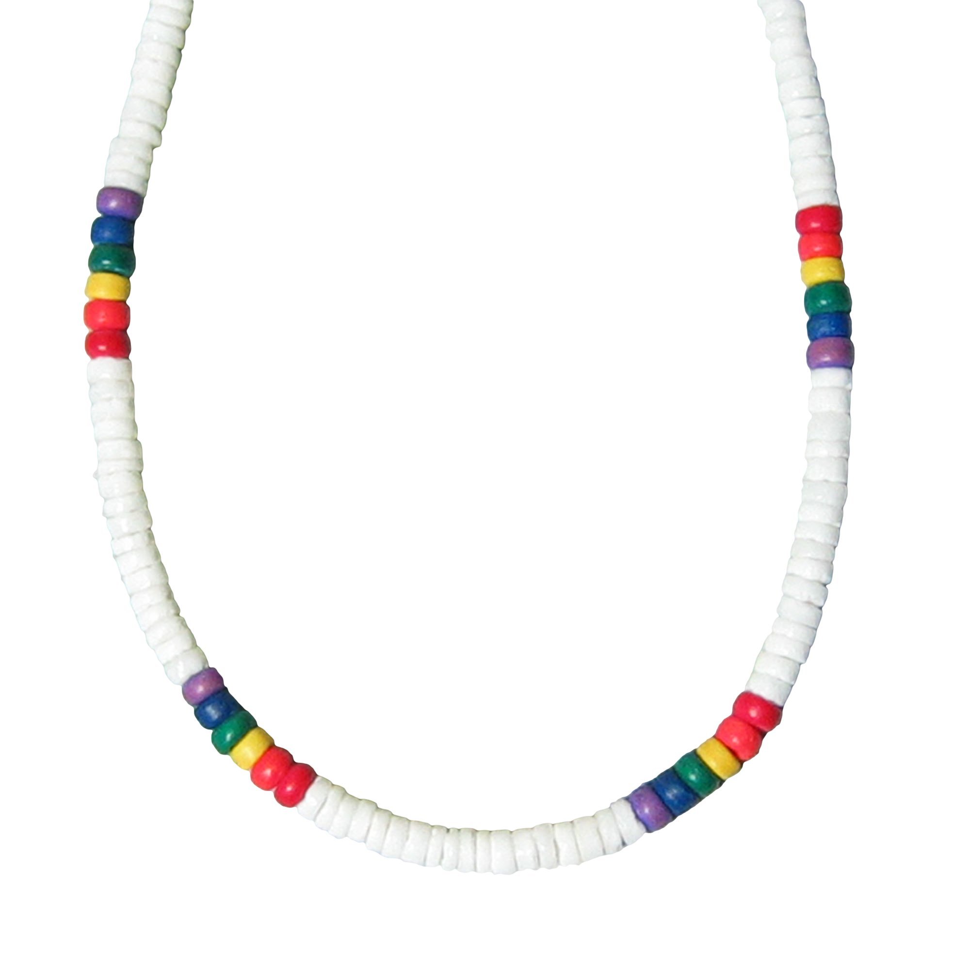 Native Treasure Mens and Womens Summer Beach Rainbow Necklace From the Philippines, White Ark Shells and Color Fast Coconut Beads