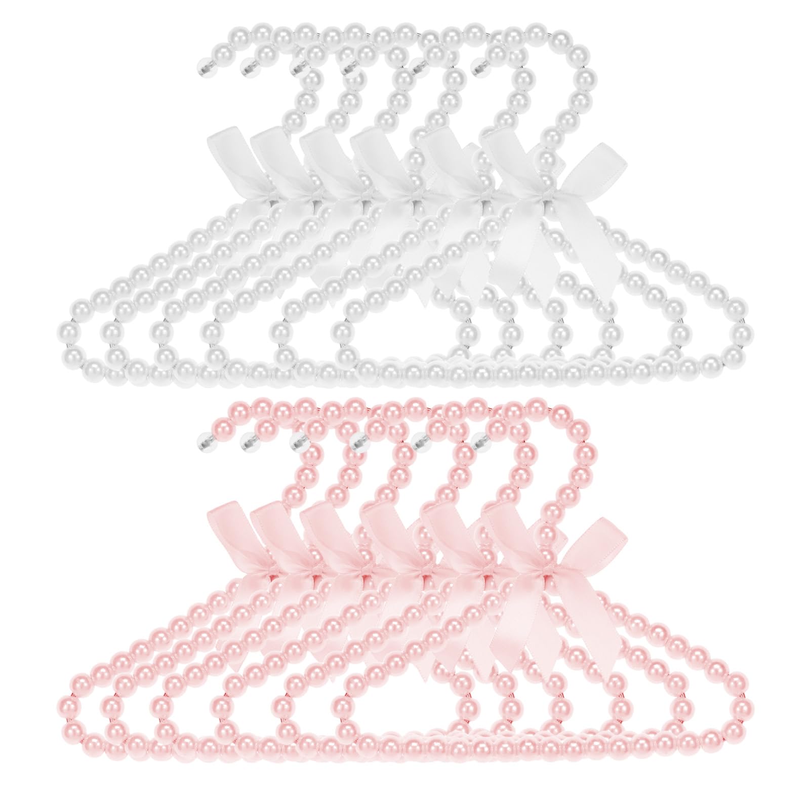 Menibbler White+Pink 12Pcs Pearl Hanger Kids With Ribbon Bow, 20Cm Small Pearl Beaded Clothes Hanger, Decorative Nursery Closet Hangers For Infant Baby Toddlers, Pet Clothing Display, Photoshoot & Gifts Decor(White+Pink)