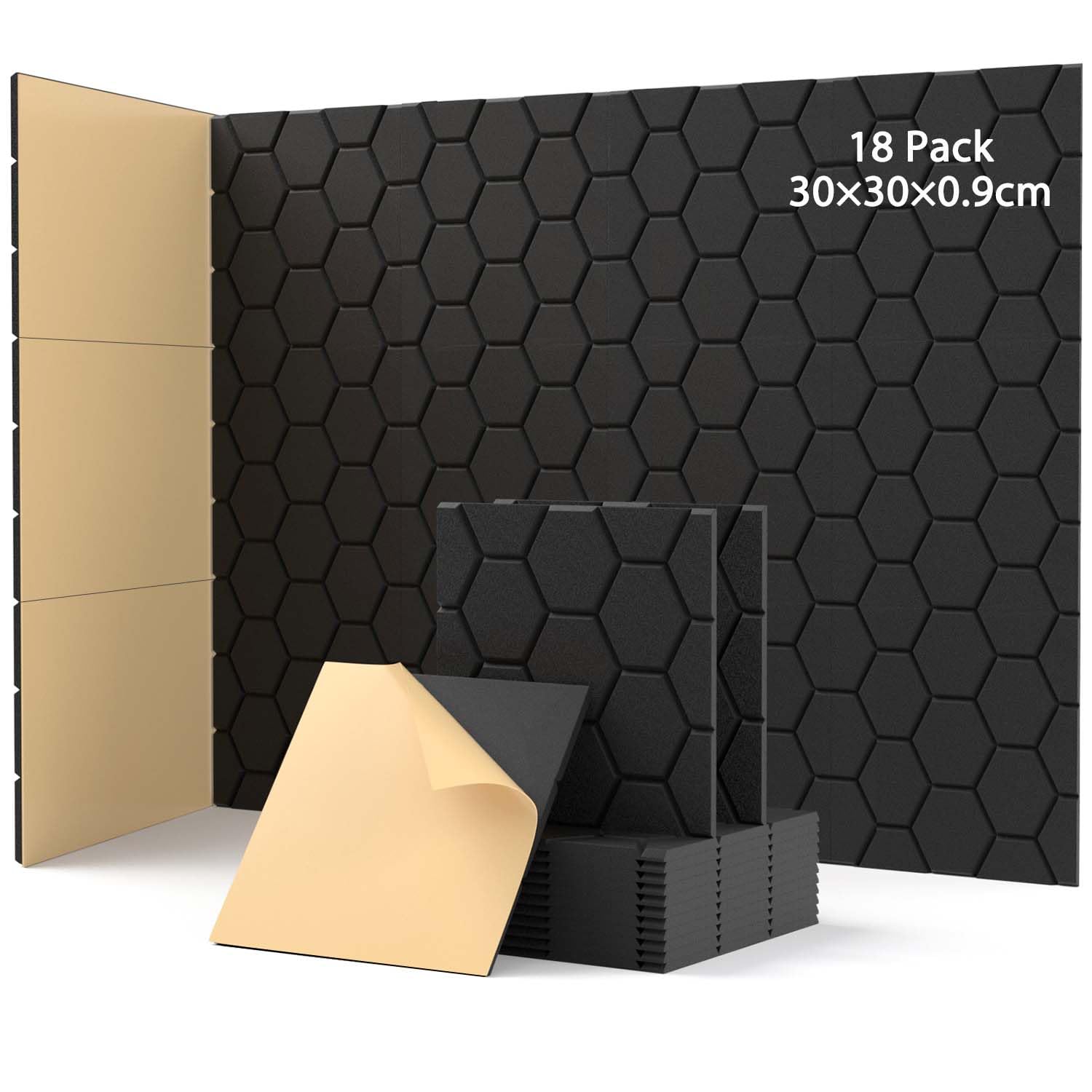 18 Stück Akustikplatten Selbstkleben, Schallabsorber, 30x30x0.9cm, Schalldämmung Wand tür Decken, Akustikpaneele für Gaming Deko, Büros, Studios, Schallschutzplatten (Schwarz)