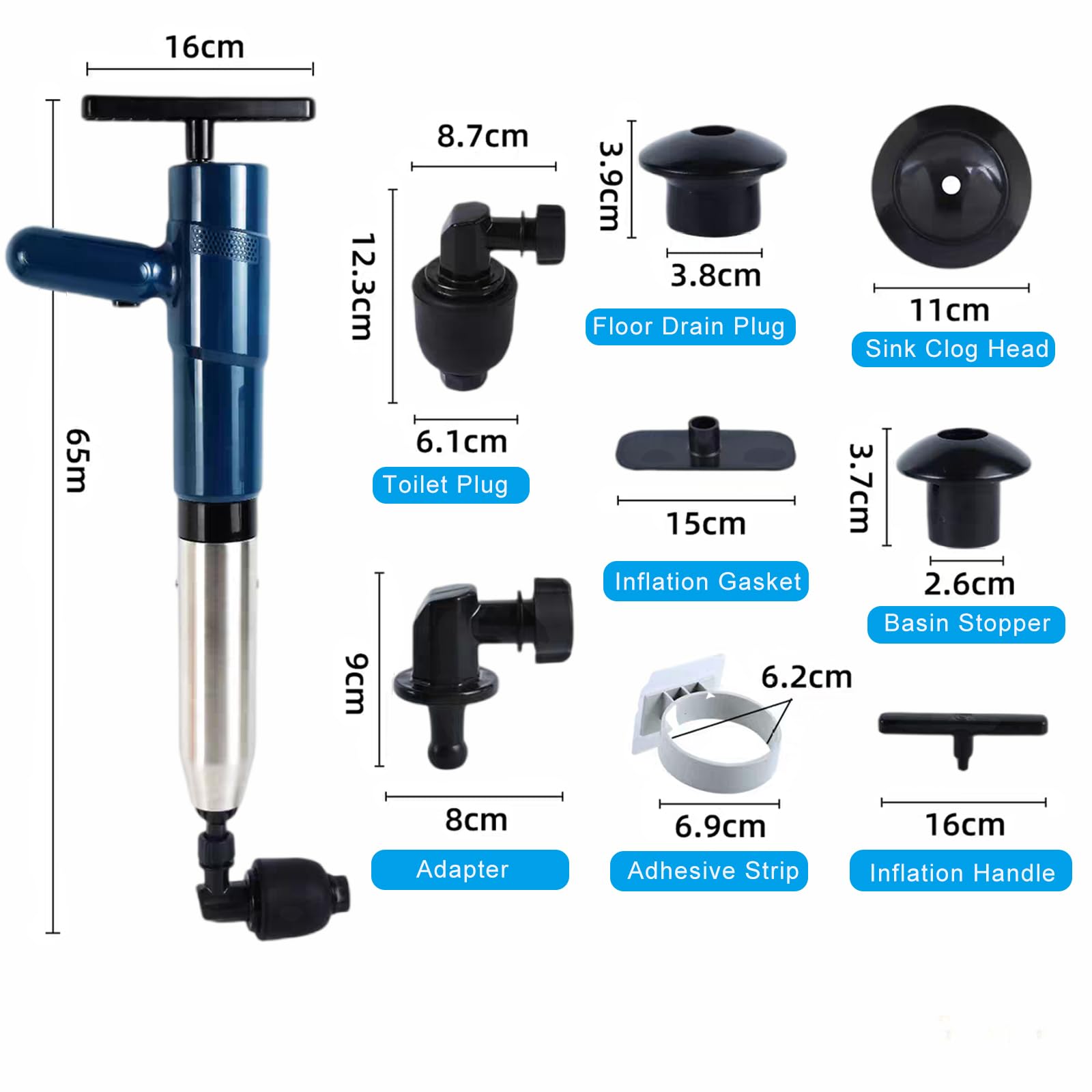 Déboucheur de canalisations à air comprimé - Déboucheur de canalisations haute pression avec compression d'air - 4 ventouses - Pour WC, lavabo, salle de bain, douche, cuisine - Indicateur de