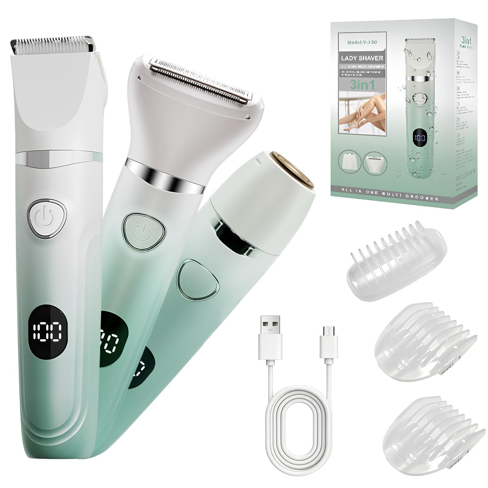 Rasoio Elettrico Donna, 3-in-1 Rasoio Parti Intime, Depilatore Corpo Donna per Viso, Ascelle, Gambe, Braccia e Zona Bikini, Utilizzabile a Secco e a Bagno con Schermo LCD