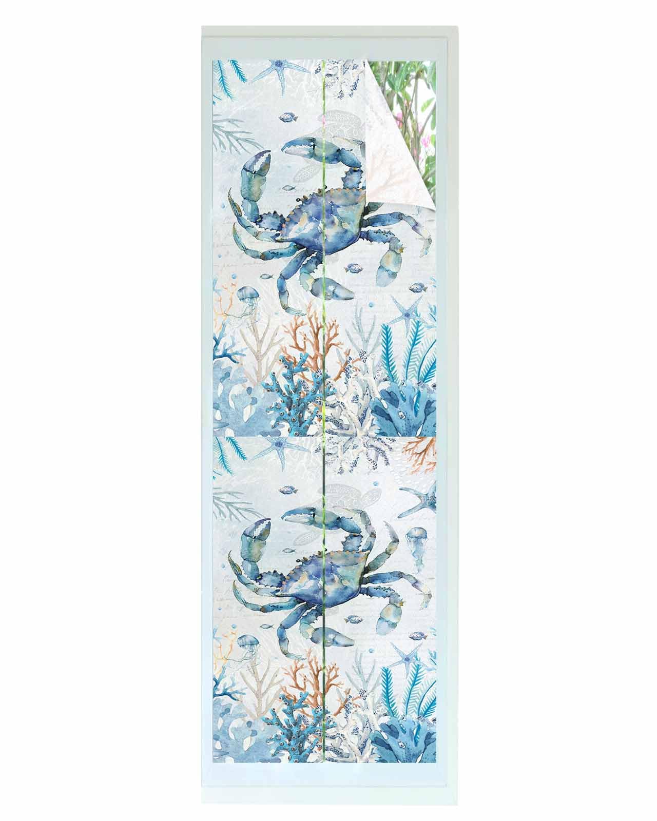 Window Privacy Film, Summer Ocean Sea Coral Blue Crab Starfish Jellyfish Static Clings Window Film for Glass Windows Removable Decorative Sticker for Home Bathroom Office, 17.7