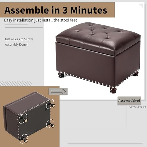 Miniatura 8 de Joveco Cofres rectangulares de piel sintética con estilo otomano y organizador de almacenamiento (marrón)