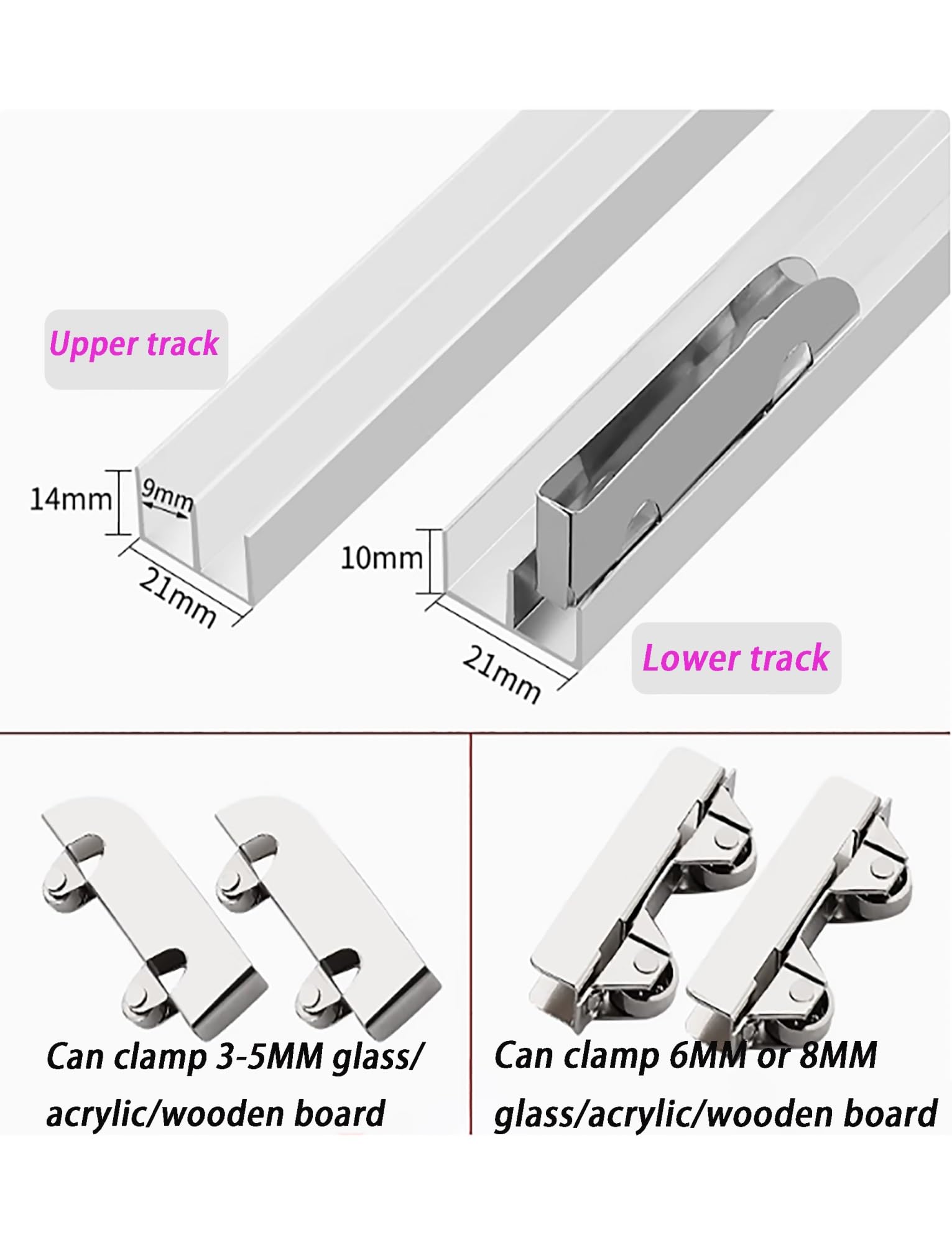 Rail Coulissant pour vitrine - Rails en Aluminium à Double Canal pour Portes en Acrylique/Verre de 5 à 8 mm, Guide à rainures de Montagne avec Galets Anti-Saut (39,4 po/1 000 mm)
