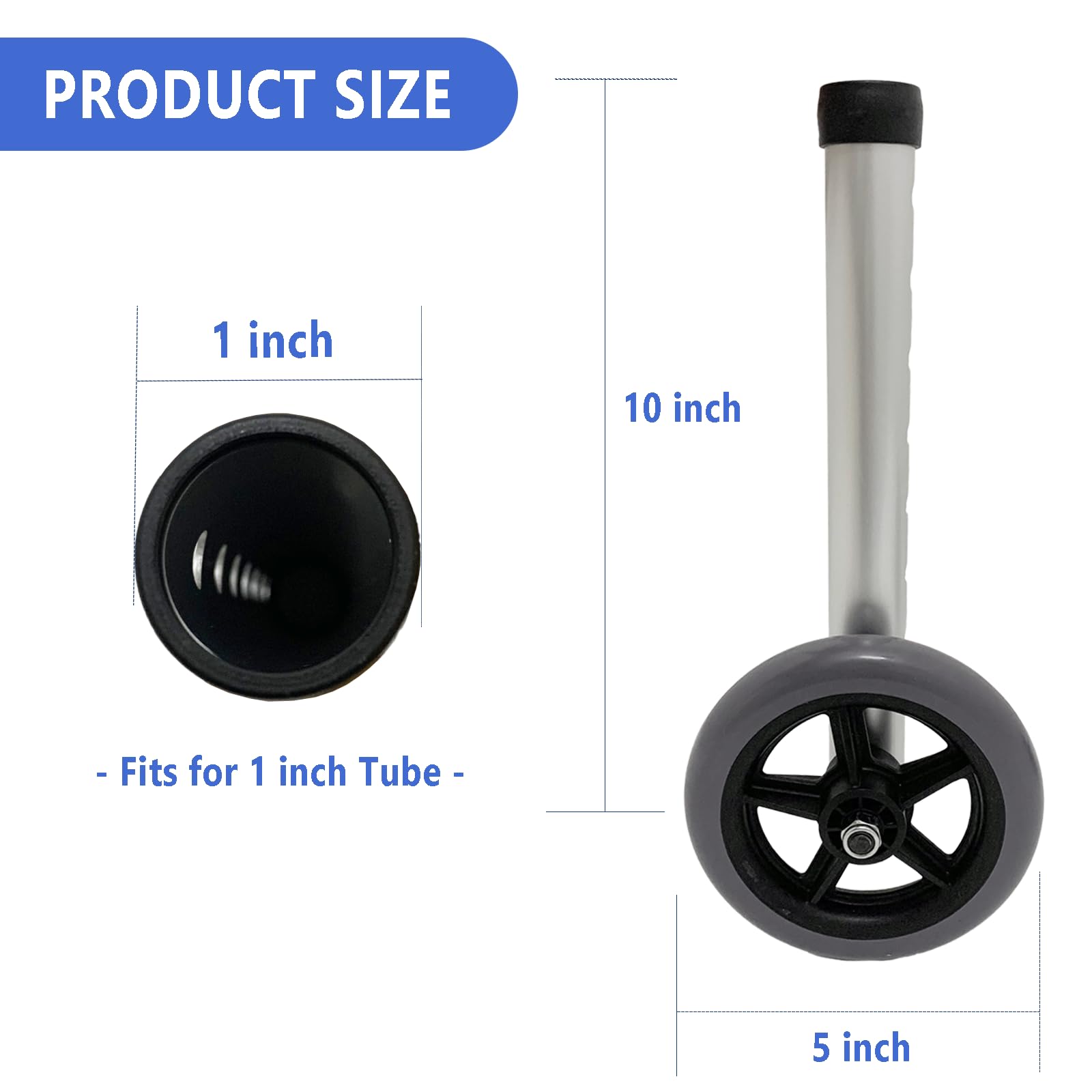 Walker Wheels - Pie de repuesto universal para andador médico plegable, juego de piezas de accesorios, ruedas de 5 pulgadas
