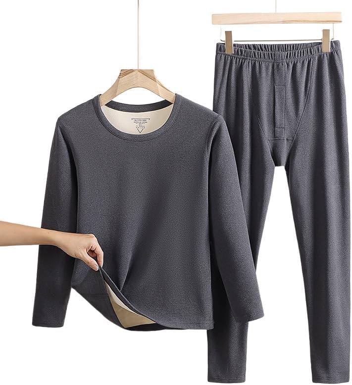 2Pcs Set Round Neck Thickened Solid Long Johns Pajama Warm Winter Clothes Inner Wear Thermal Pants