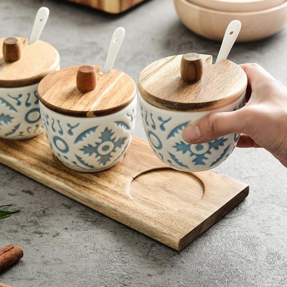 Cabilock 1 Lot de Pot à sel en céramique avec cuillère et Couvercle, récipient à épices, boîte à Sucre, Pot à sel, boîte en céramique pour la Cuisine, la Maison