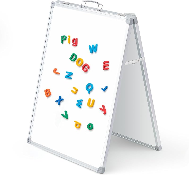 1 Pcs 24 x 18 Inch Portable Dry Erase Board with Stand, Foldable White Board Double Sided Whiteboard Easel, Silver Aluminum Frame with Metal Handle Office Home School Teaching Demonstration